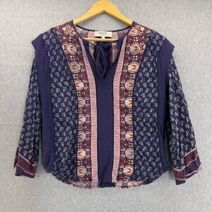 Sea New York Womens Size 4 Printed Boho Blouse Navy Blue Red Peasant India VNeck
